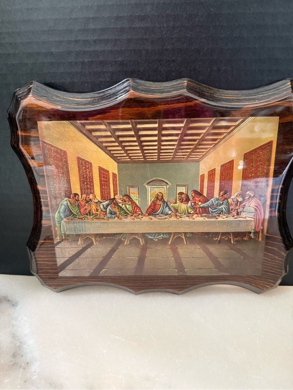 Vintage Religious Art Varnished Wood Framed The Last Supper Wall Plaque 10.5x8